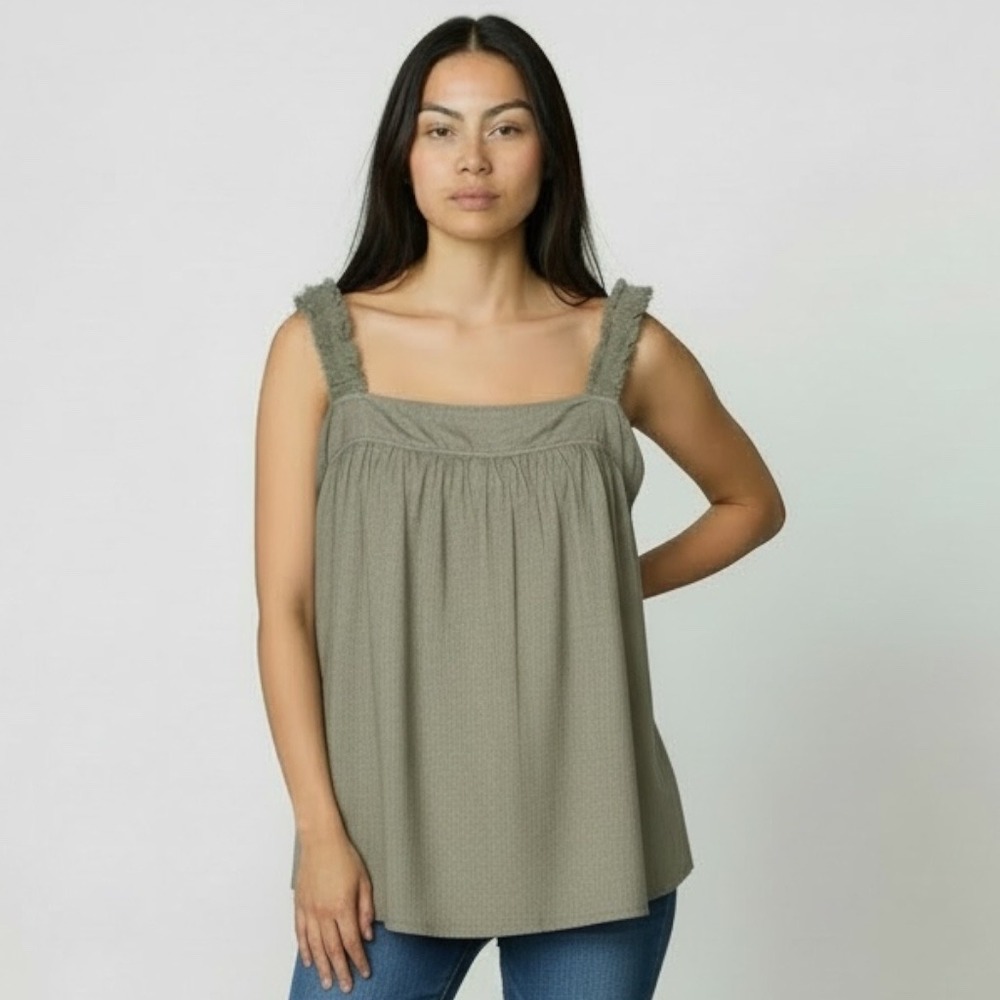 Cynthia Rowley‎ 100% Linen Tank Top Olive Green Ruffle Strap Button Back Medium